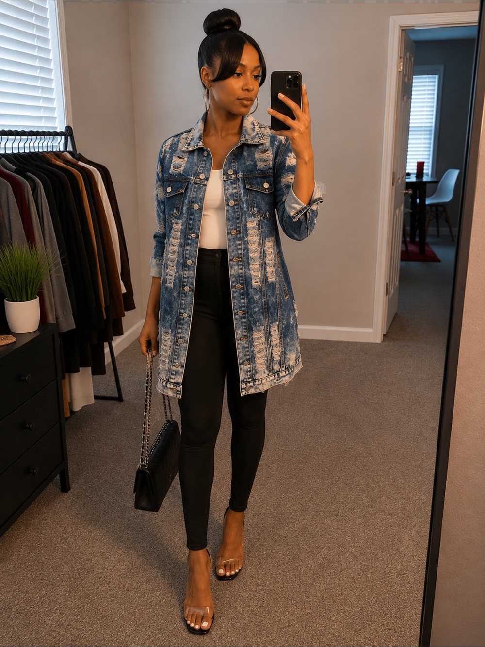 Thrill Distressed Long Jean Jacket in Blue and White